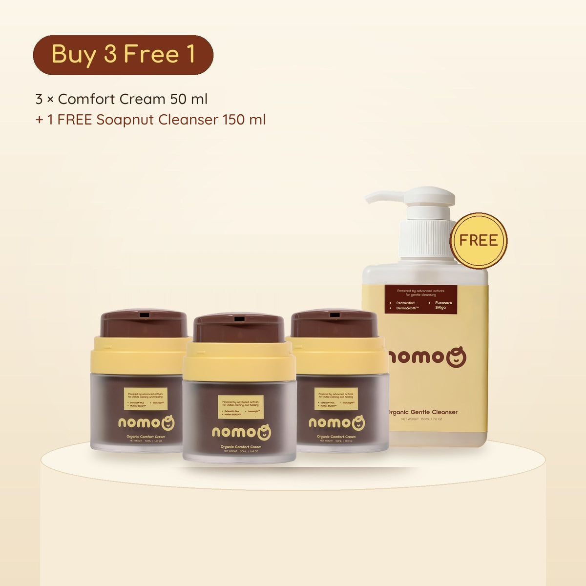 NomoQ Comfort Cream, Buy 3 Free 1 (3 x 50 ml Comfort Cream + 1 FREE 150 ml Soapnut Cleanser)