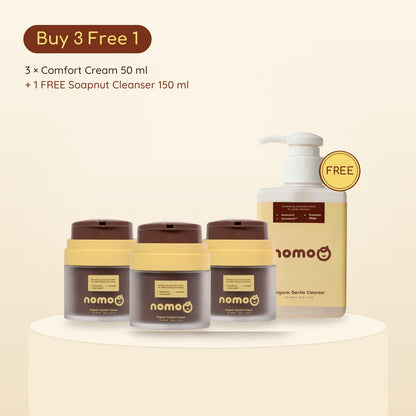 NomoQ Comfort Cream, Buy 3 Free 1 (3 x 50 ml Comfort Cream + 1 FREE 150 ml Soapnut Cleanser)